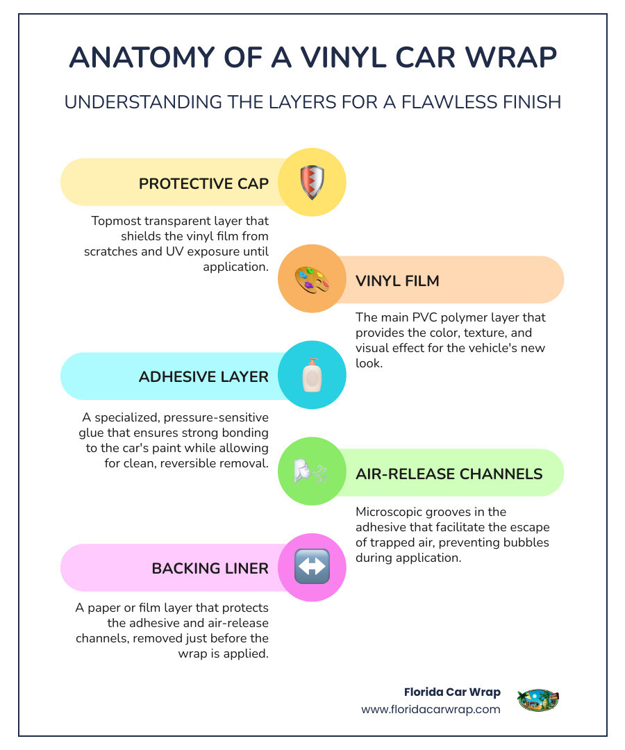 Infographic showing the anatomy of a vinyl car wrap with five labeled layers: protective cap, vinyl film, adhesive, air-release channels, and backing liner - vinyl wrapping auto infographic infographic-line-5-steps-colors