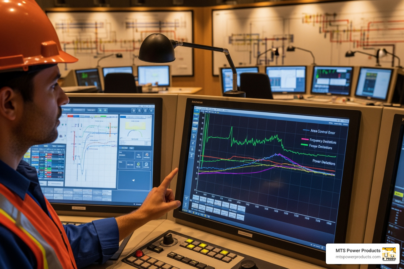 Technician examining a control panel with an Area Control Error (ACE) graph displaying frequency and power deviations - automatic generator control Technician examining a control panel with an Area Control Error (ACE) graph displaying frequency and power deviations - automatic generator control