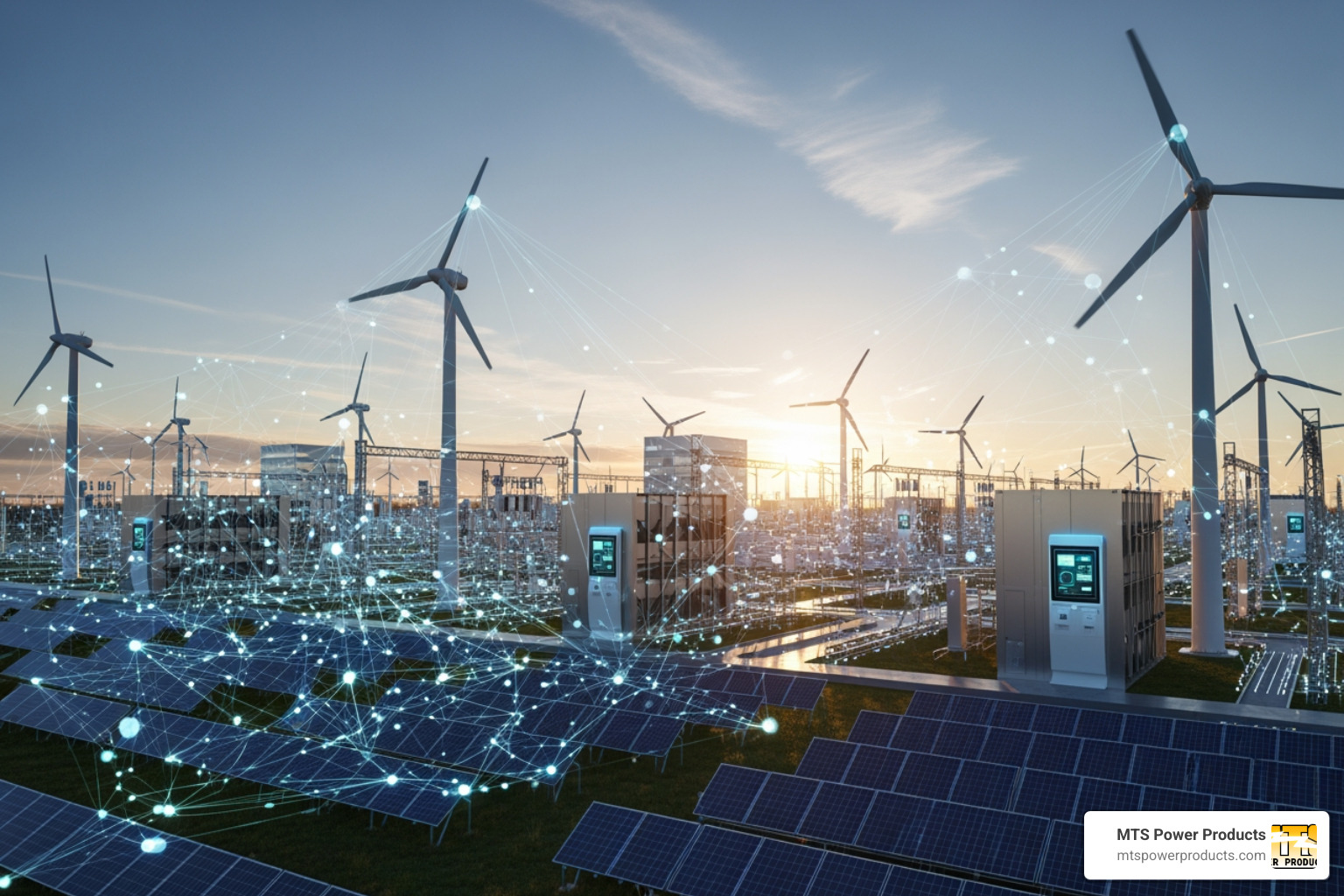 Modern smart grid visualization showing integrated renewable energy sources, energy storage, and smart meters connected via a digital network - automatic generator control Modern smart grid visualization showing integrated renewable energy sources, energy storage, and smart meters connected via a digital network - automatic generator control