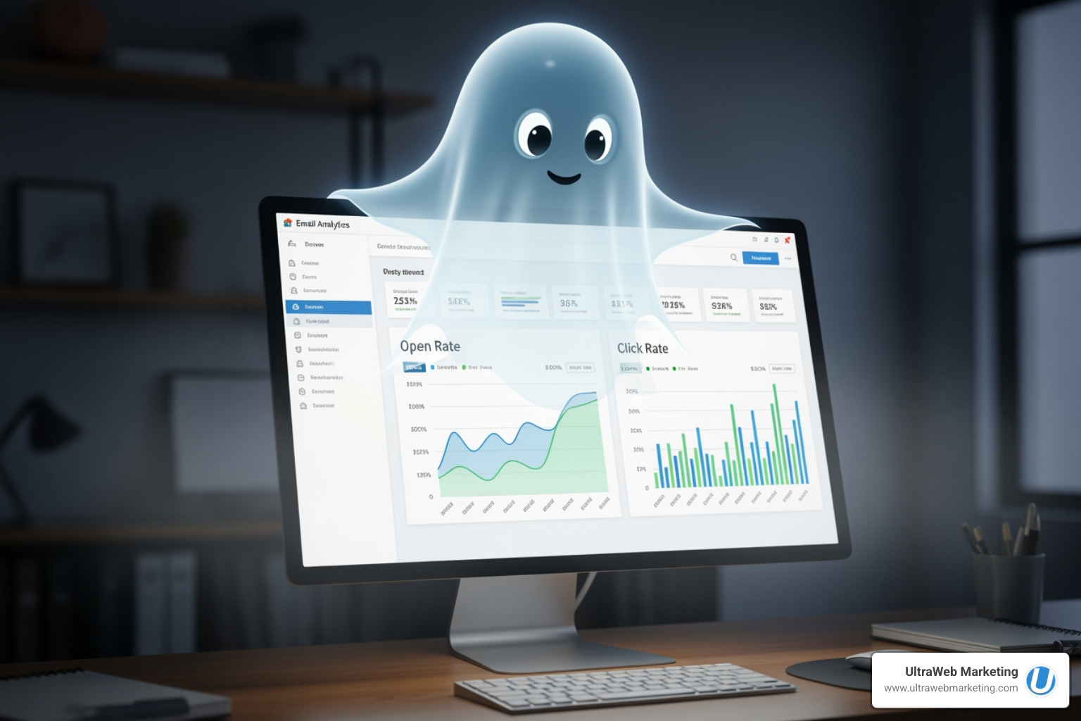 Email analytics dashboard showing open and click rates, overlaid with a friendly ghost analyzing the data - email blasting server Email analytics dashboard showing open and click rates, overlaid with a friendly ghost analyzing the data - email blasting server