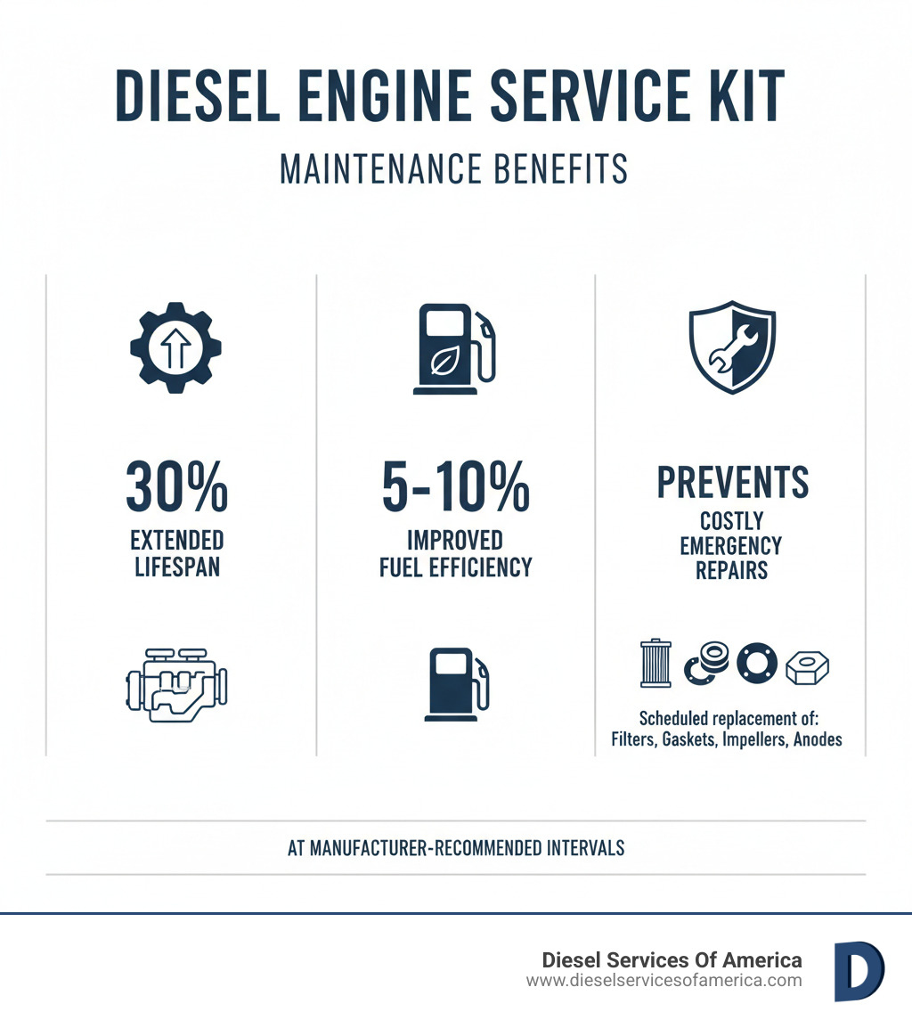 infographic showing how regular diesel engine maintenance with service kits extends engine lifespan by 30%, improves fuel efficiency by 5-10%, and prevents costly emergency repairs through scheduled replacement of filters, gaskets, impellers, and anodes at manufacturer-recommended intervals - Diesel engine service kit infographic 