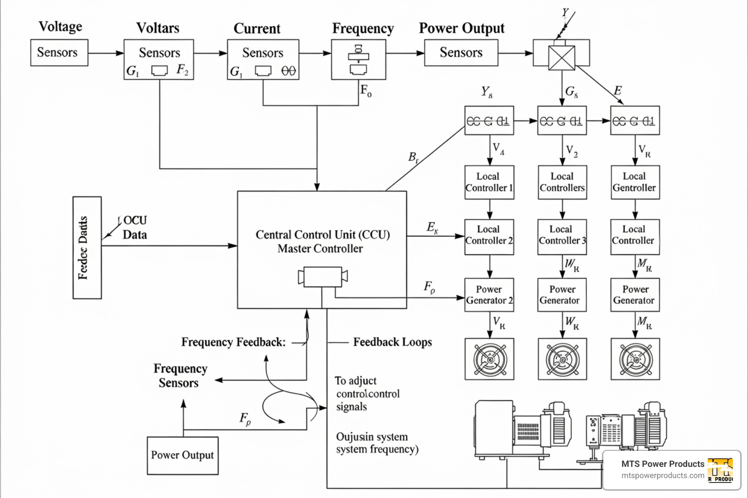 Block diagram showing data flow from sensors to control center, then to local controllers and generators, with feedback loops for frequency and power - automatic generator control Block diagram showing data flow from sensors to control center, then to local controllers and generators, with feedback loops for frequency and power - automatic generator control