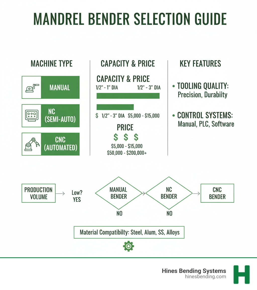 infographic showing mandrel bender selection criteria including machine type categories (manual, NC, CNC), typical capacity ranges for each type, price brackets, key features to evaluate like tooling quality and control systems, and decision flowchart for matching production volume to appropriate bender type - mandrel tubing bender for sale infographic 
