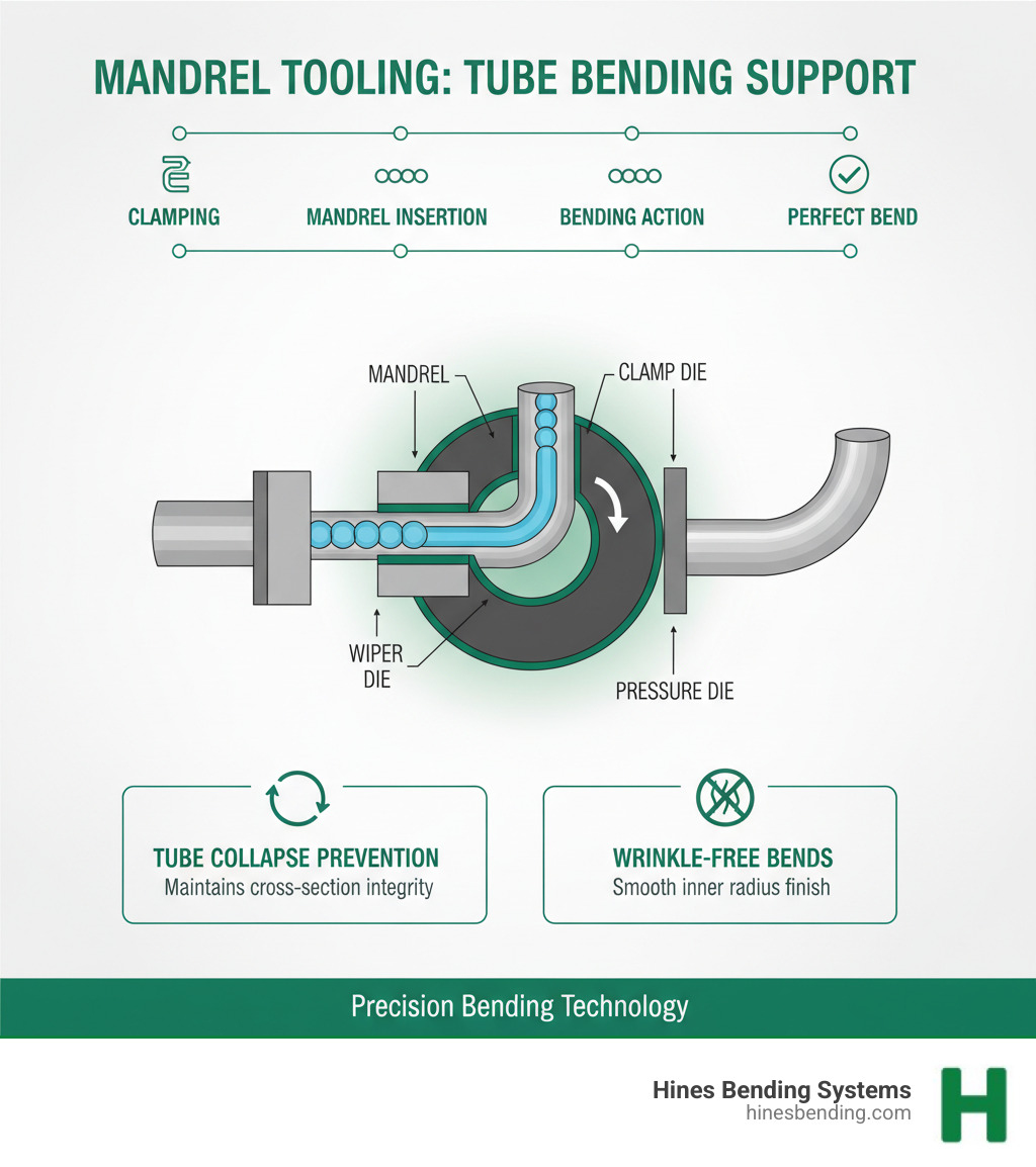 infographic explaining the components of mandrel tooling and how they support the tube during a bend - mandrel tubing bender for sale infographic 