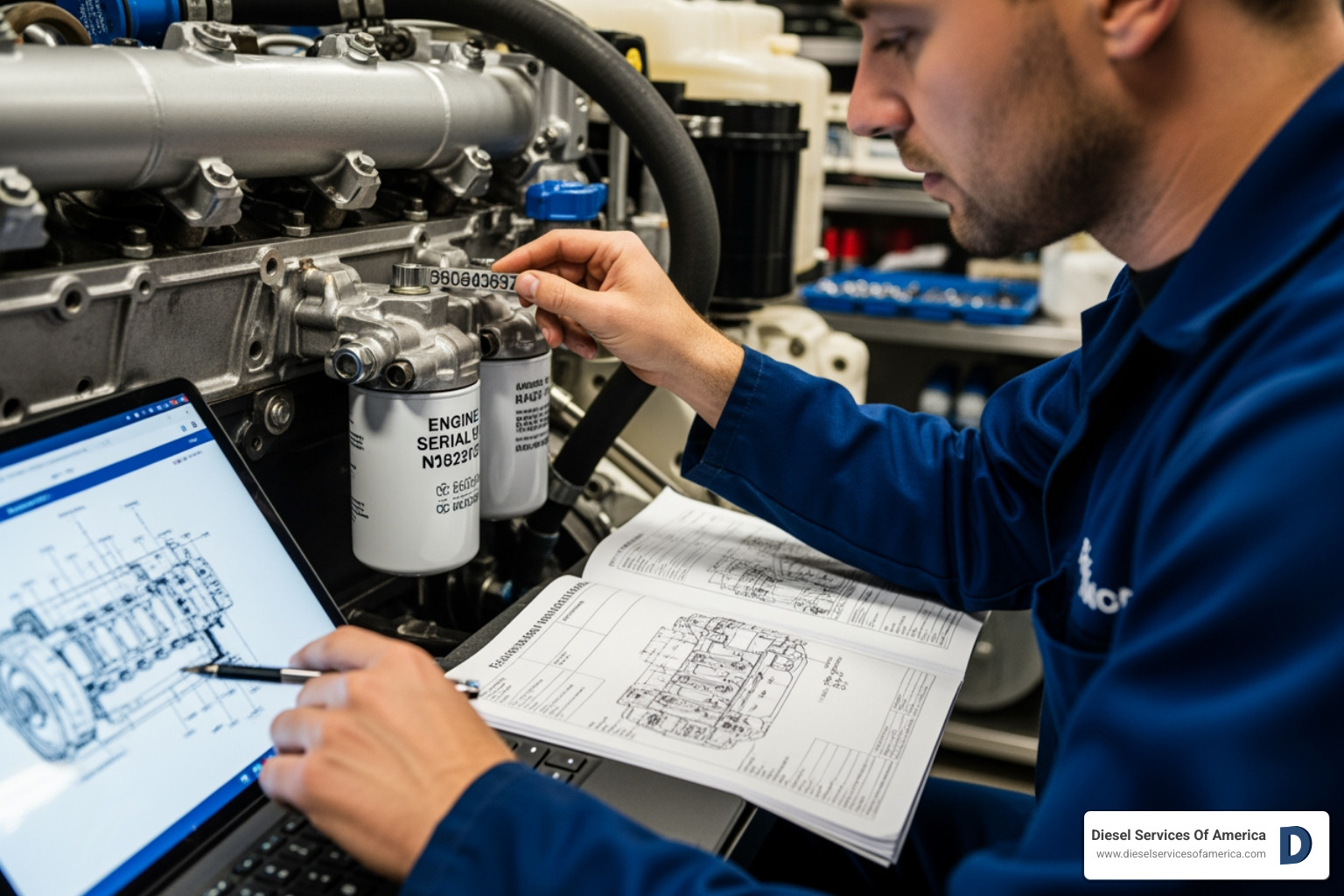 technician cross-referencing an engine serial number in a parts manual - Diesel engine service kit