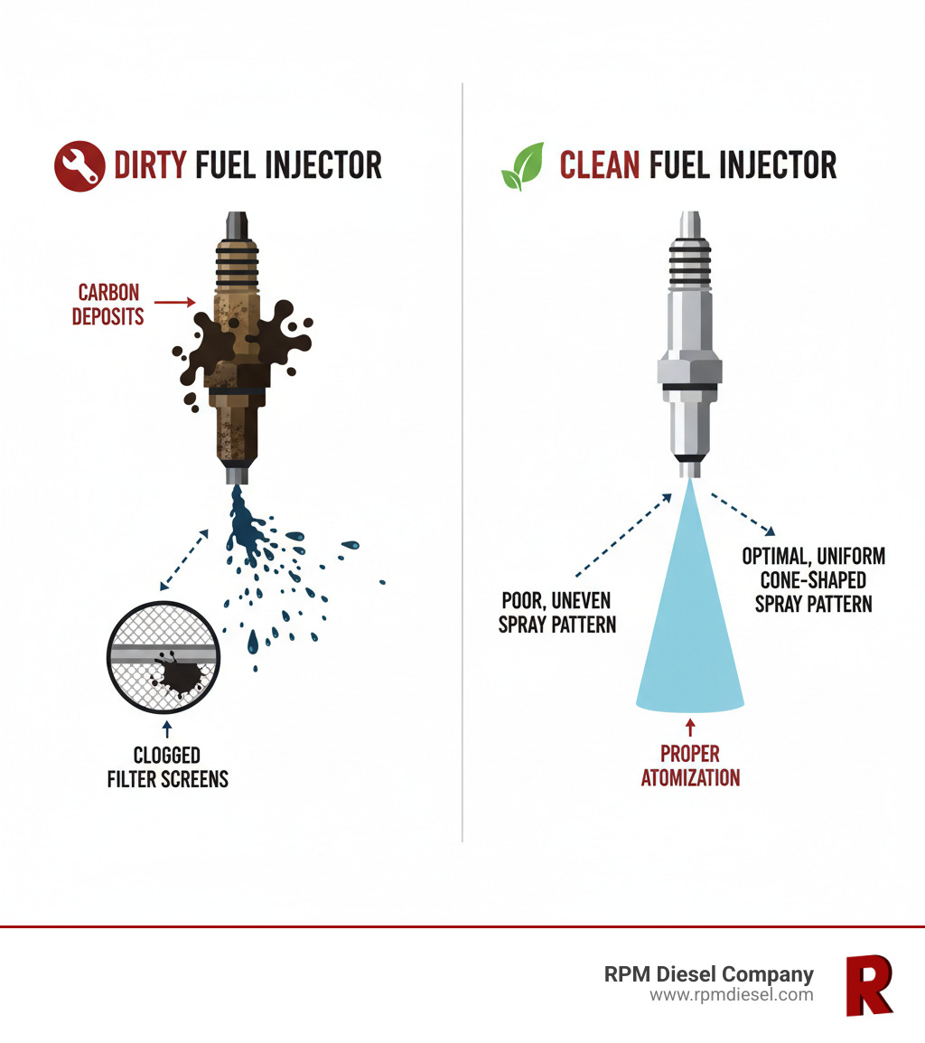 infographic showing side-by-side comparison of a dirty fuel injector with poor, uneven spray pattern versus a clean fuel injector with optimal, uniform cone-shaped spray pattern, including labels for carbon deposits, clogged filter screens, and proper atomization - Fuel injector cleaning service infographic infographic showing side-by-side comparison of a dirty fuel injector with poor, uneven spray pattern versus a clean fuel injector with optimal, uniform cone-shaped spray pattern, including labels for carbon deposits, clogged filter screens, and proper atomization - Fuel injector cleaning service infographic