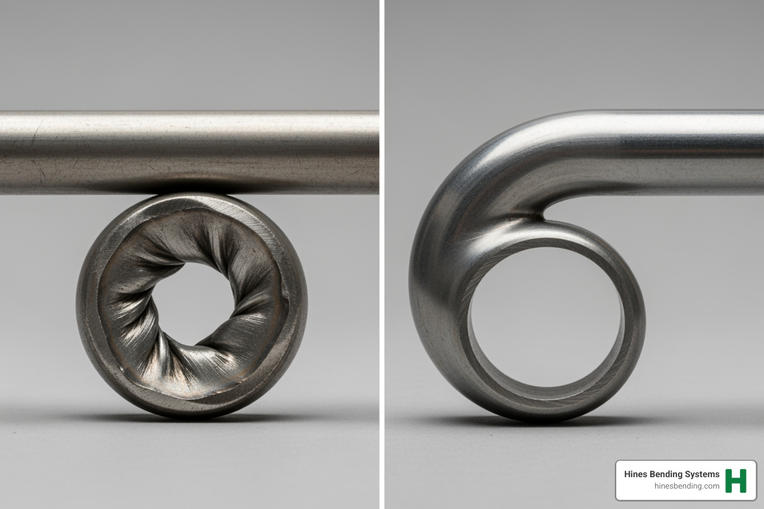 side-by-side comparison showing a crushed, ovalized bend from a non-mandrel bender next to a perfect round bend from a mandrel bender - mandrel tubing bender for sale