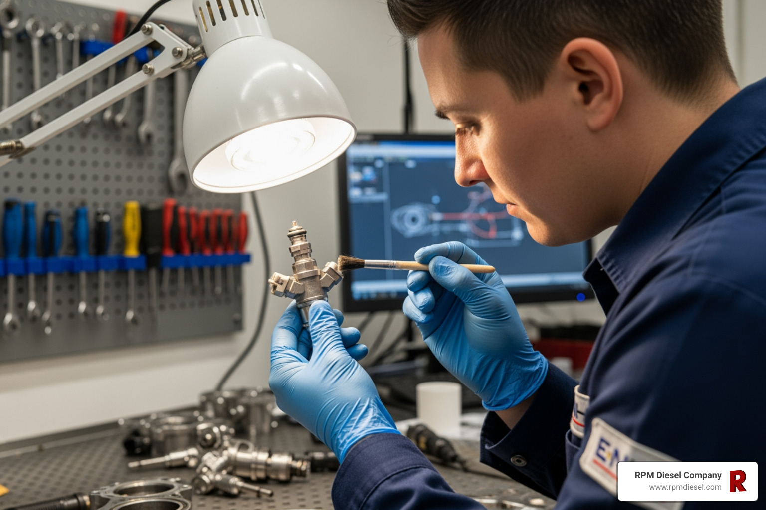 technician handling marine fuel injector - Fuel injector cleaning service technician handling marine fuel injector - Fuel injector cleaning service