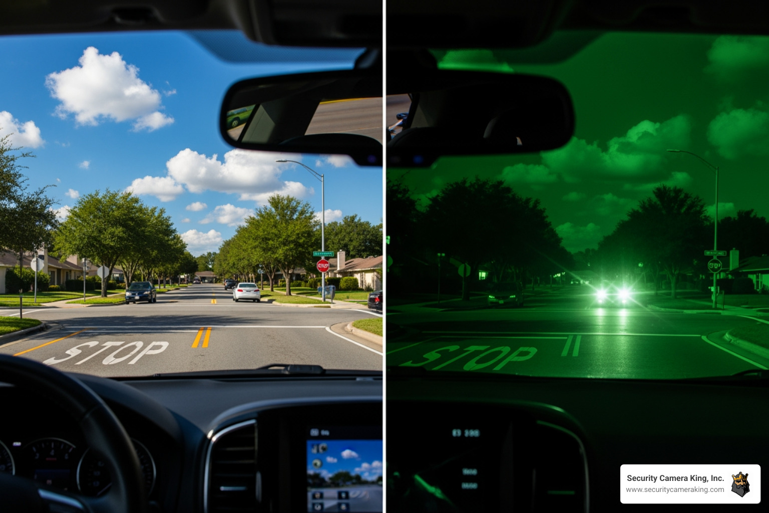 Split screen displaying clear daytime video footage on one side and equally clear night vision footage on the other from a high-quality dash cam. - car camera for theft