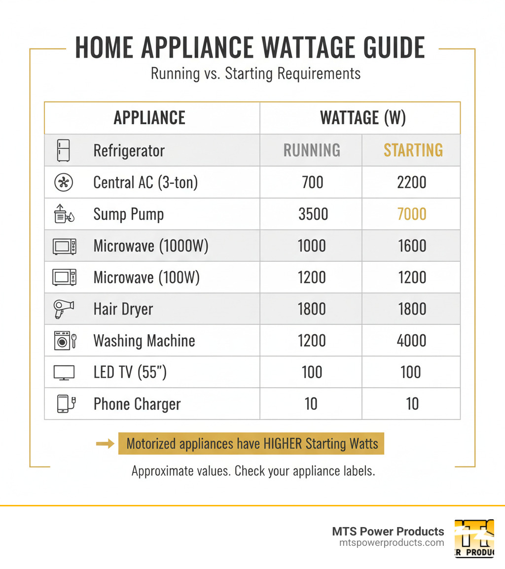 Table comparing common household appliances' running vs. starting wattage requirements - generator for home infographic 