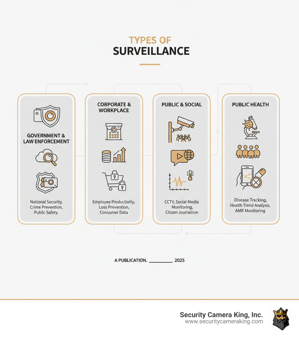 Infographic showing the four main types of surveillance: Government and Law Enforcement (for national security, crime prevention, public safety using body cameras and monitoring systems), Corporate and Workplace (for employee productivity, loss prevention, consumer data collection), Public and Social (CCTV in public spaces, social media monitoring, citizen journalism), and Public Health (disease tracking, health trend analysis, antimicrobial resistance monitoring). Each type includes icons representing cameras, data, and monitoring equipment. - surveillance infographic 