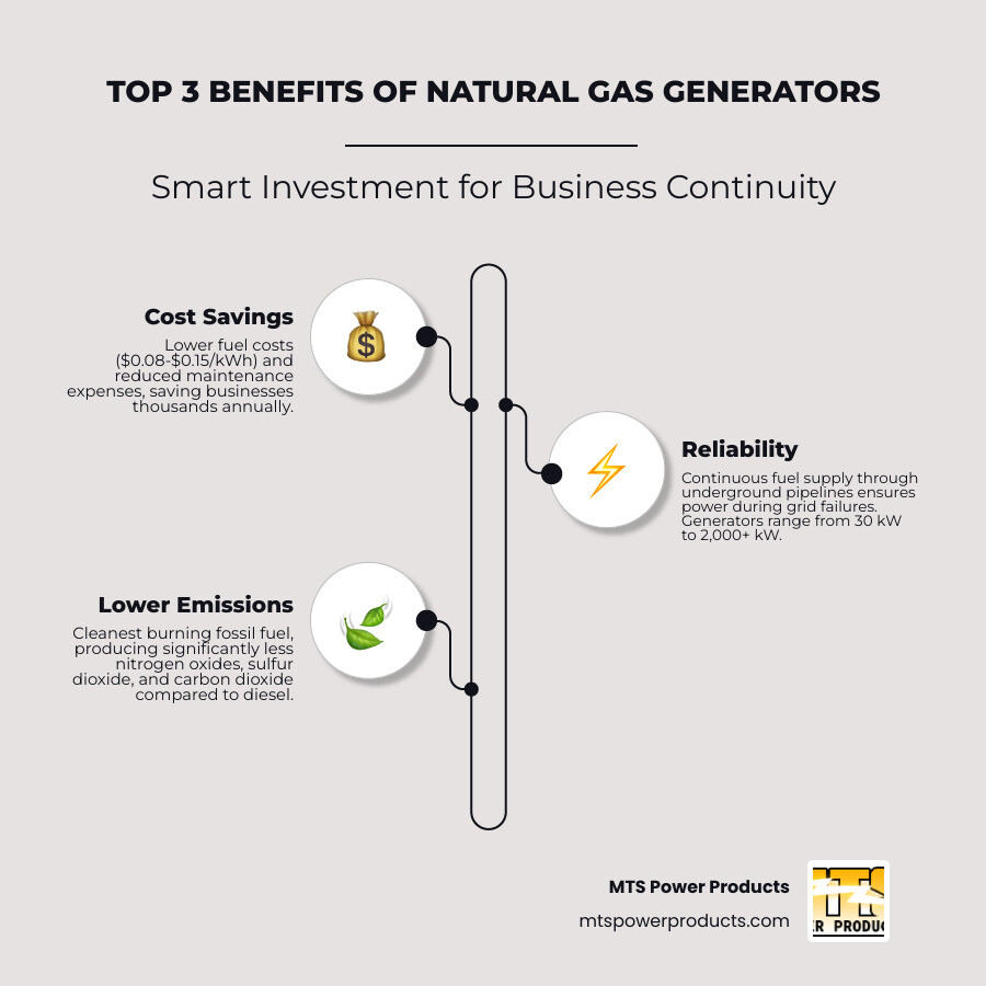 Infographic showing three columns: 1) Cost Savings - Lower fuel costs and reduced maintenance expenses with natural gas generators saving businesses thousands annually, 2) Reliability - Continuous fuel supply through underground pipelines ensures power during grid failures, with generators ranging from 30 kW for small offices to 2,000+ kW for industrial facilities, 3) Lower Emissions - Cleanest burning fossil fuel producing significantly less nitrogen oxides, sulfur dioxide, and carbon dioxide compared to diesel - natural gas generator for business infographic infographic-line-3-steps-elegant_beige
