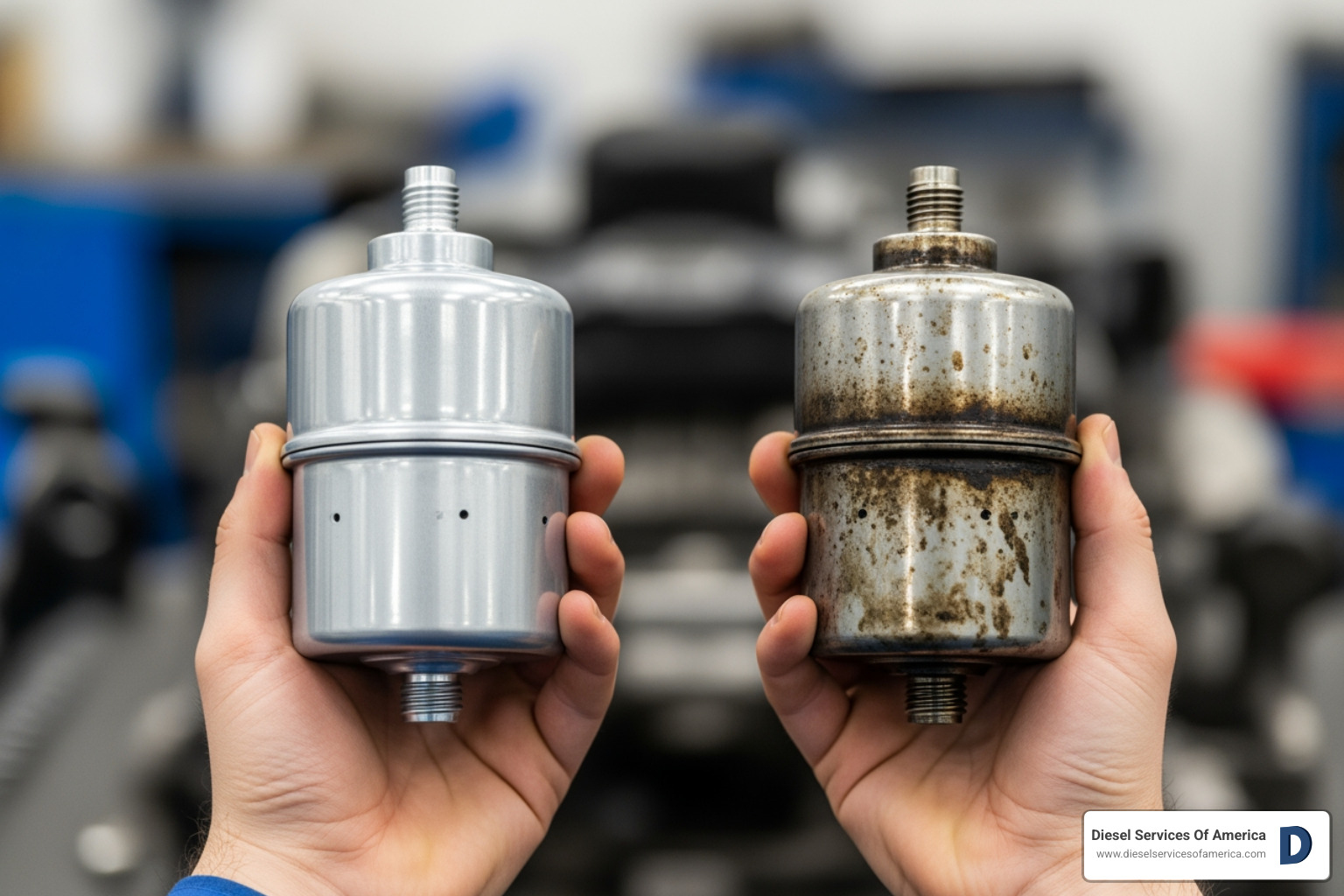 technician holding a new fuel water separator next to an old, contaminated one - Diesel engine service kit