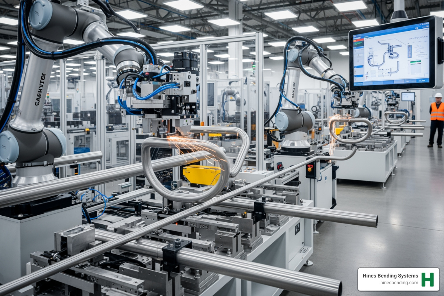 A Hines Bending Systems robotic bending cell efficiently shaping metal tubes with precision and speed, showcasing advanced automation and minimal human intervention - cnc bending