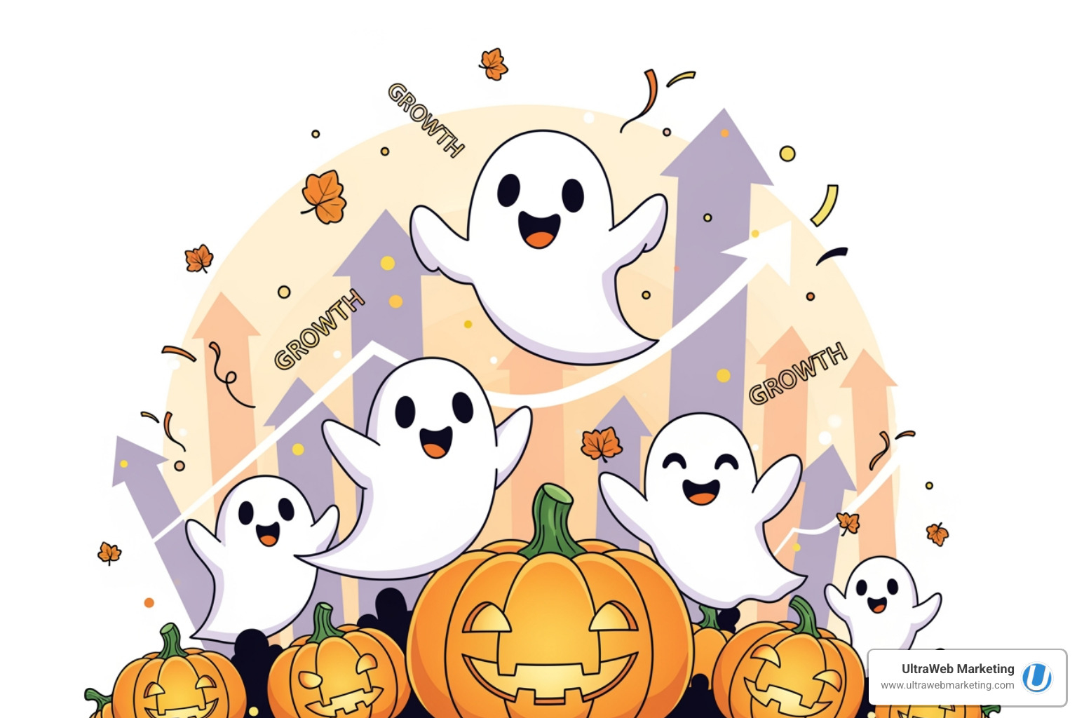 Halloween-themed graph showing upward trends in sales and efficiency after system integration, with friendly ghosts celebrating - Inventory management integration Halloween-themed graph showing upward trends in sales and efficiency after system integration, with friendly ghosts celebrating - Inventory management integration