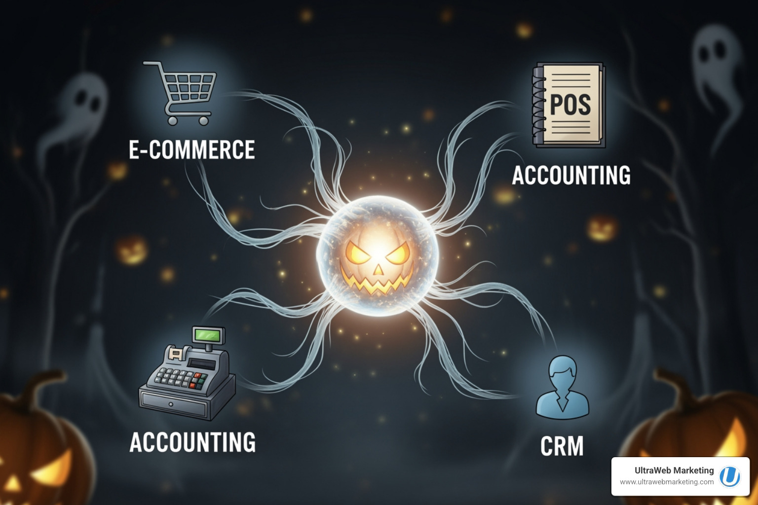 Halloween-themed dashboard or diagram showing icons for E-commerce, POS, Accounting, and CRM all connected to a central inventory management system, with spooky connecting lines - Inventory management integration Halloween-themed dashboard or diagram showing icons for E-commerce, POS, Accounting, and CRM all connected to a central inventory management system, with spooky connecting lines - Inventory management integration