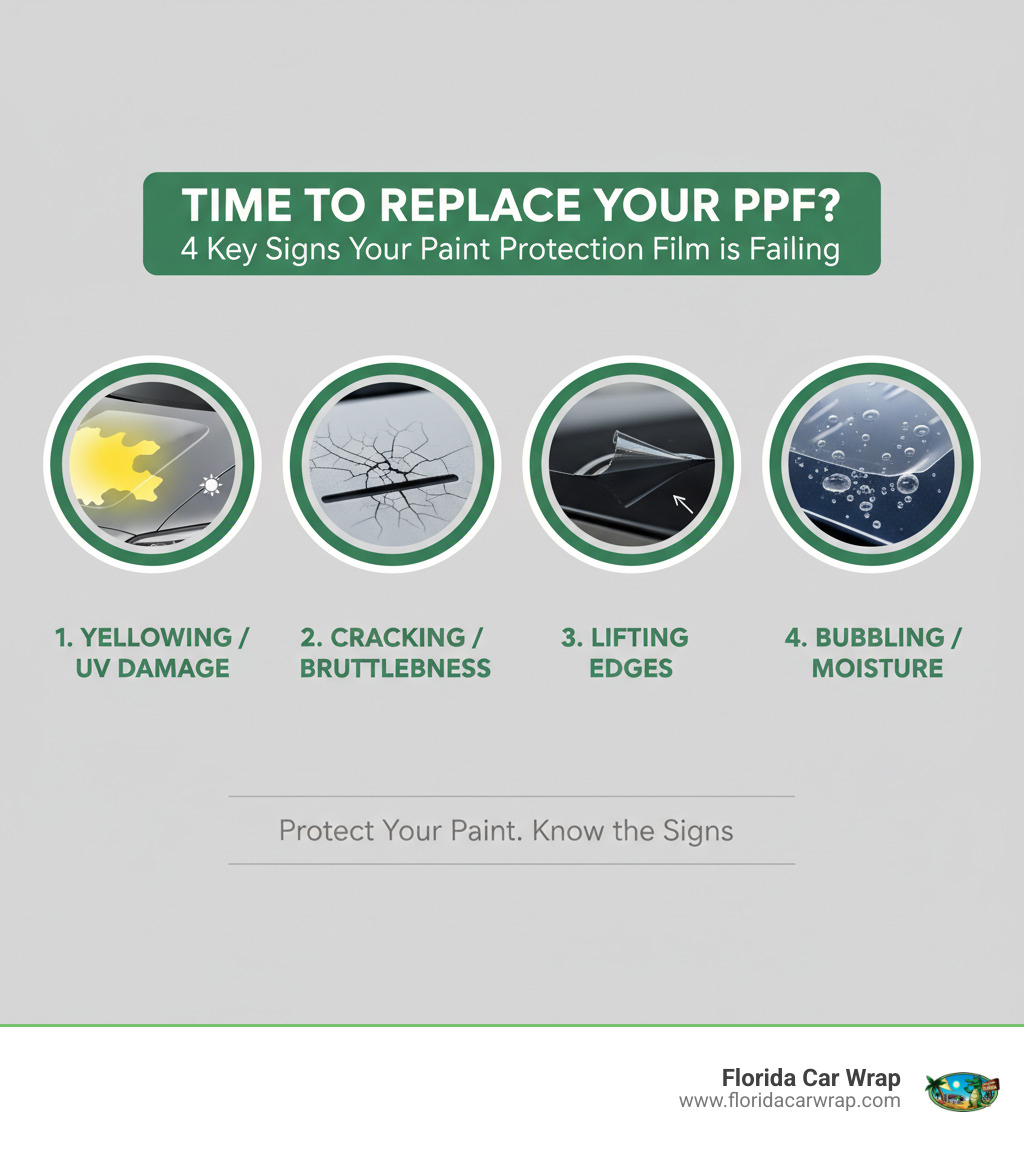 infographic explaining the 4 key signs your PPF needs to be replaced: yellowing or discoloration from UV exposure, visible cracking or brittleness especially on horizontal surfaces, edges lifting or peeling away from the paint surface, and bubbling or trapped moisture underneath the film - how to remove paint protection film infographic 
