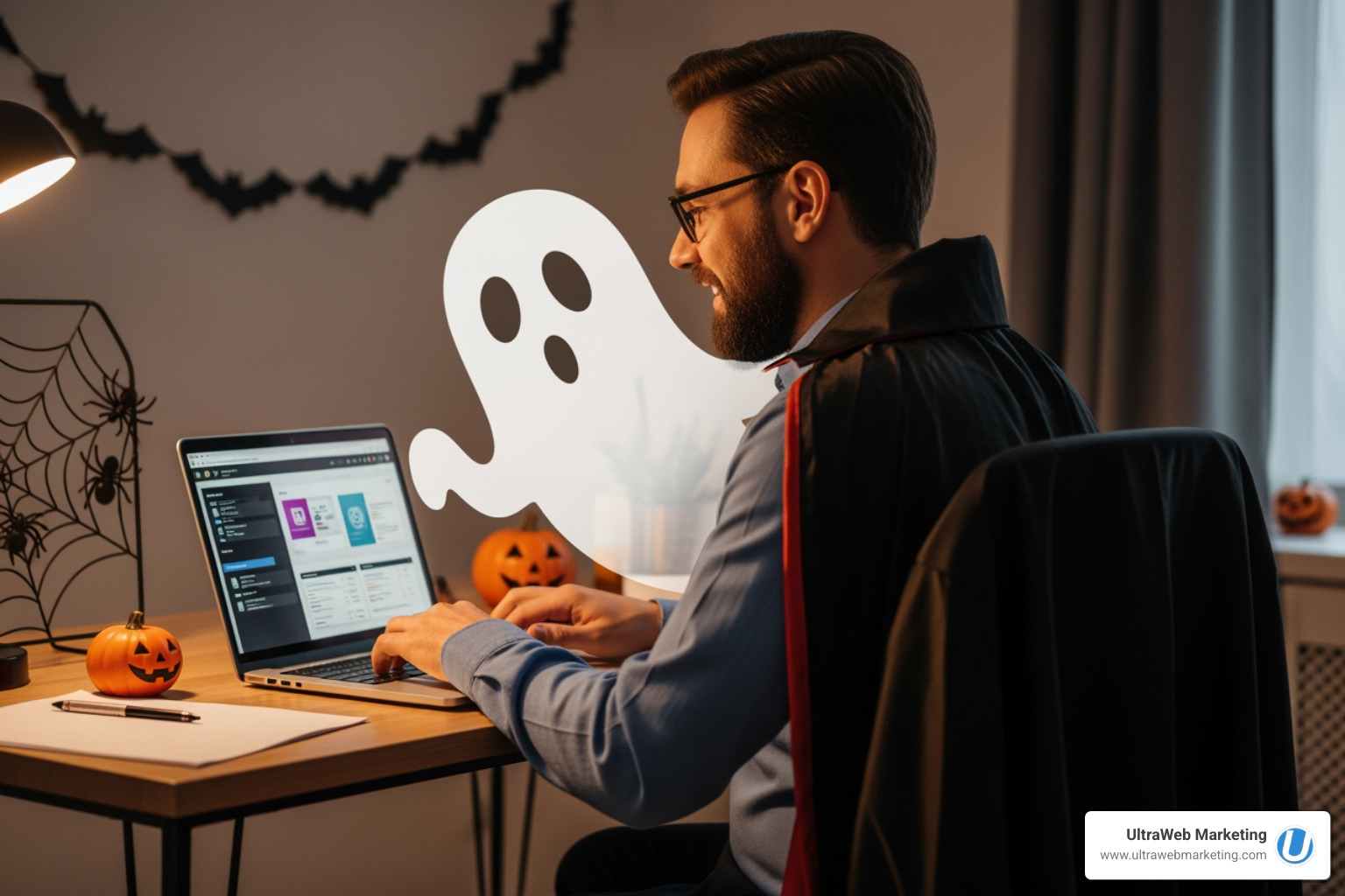 Halloween-themed business owner comparing software features on a laptop screen, with a friendly ghost peering over their shoulder - Inventory management integration Halloween-themed business owner comparing software features on a laptop screen, with a friendly ghost peering over their shoulder - Inventory management integration