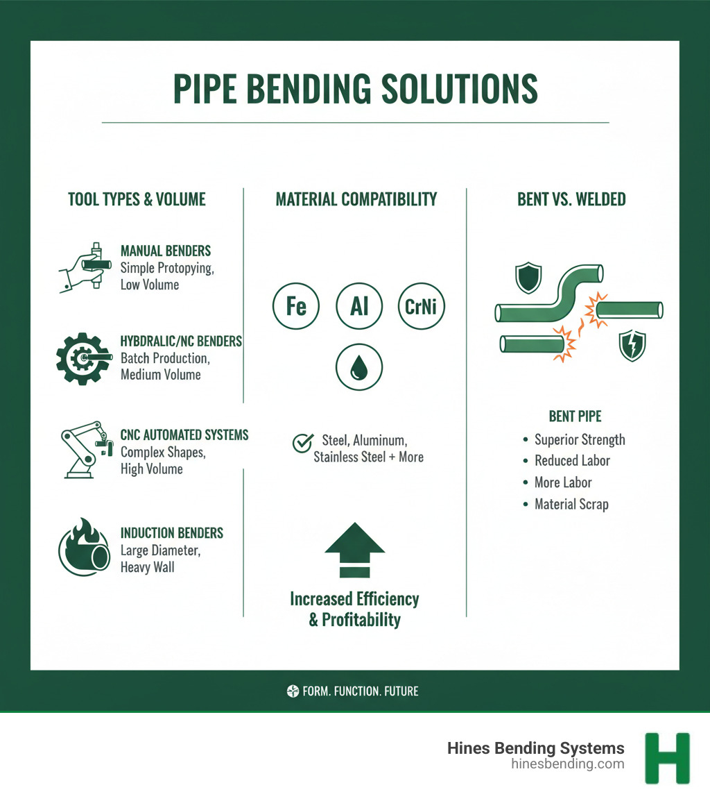 Infographic showing pipe bending tool types from manual hand benders to CNC automated systems, with applications ranging from simple prototyping to complex high-volume production. Includes material compatibility (steel, aluminum, stainless steel), production volume considerations, and the structural advantages of bent pipe versus welded joints including superior strength, reduced labor costs, and minimal material waste - pipe bending tools infographic 