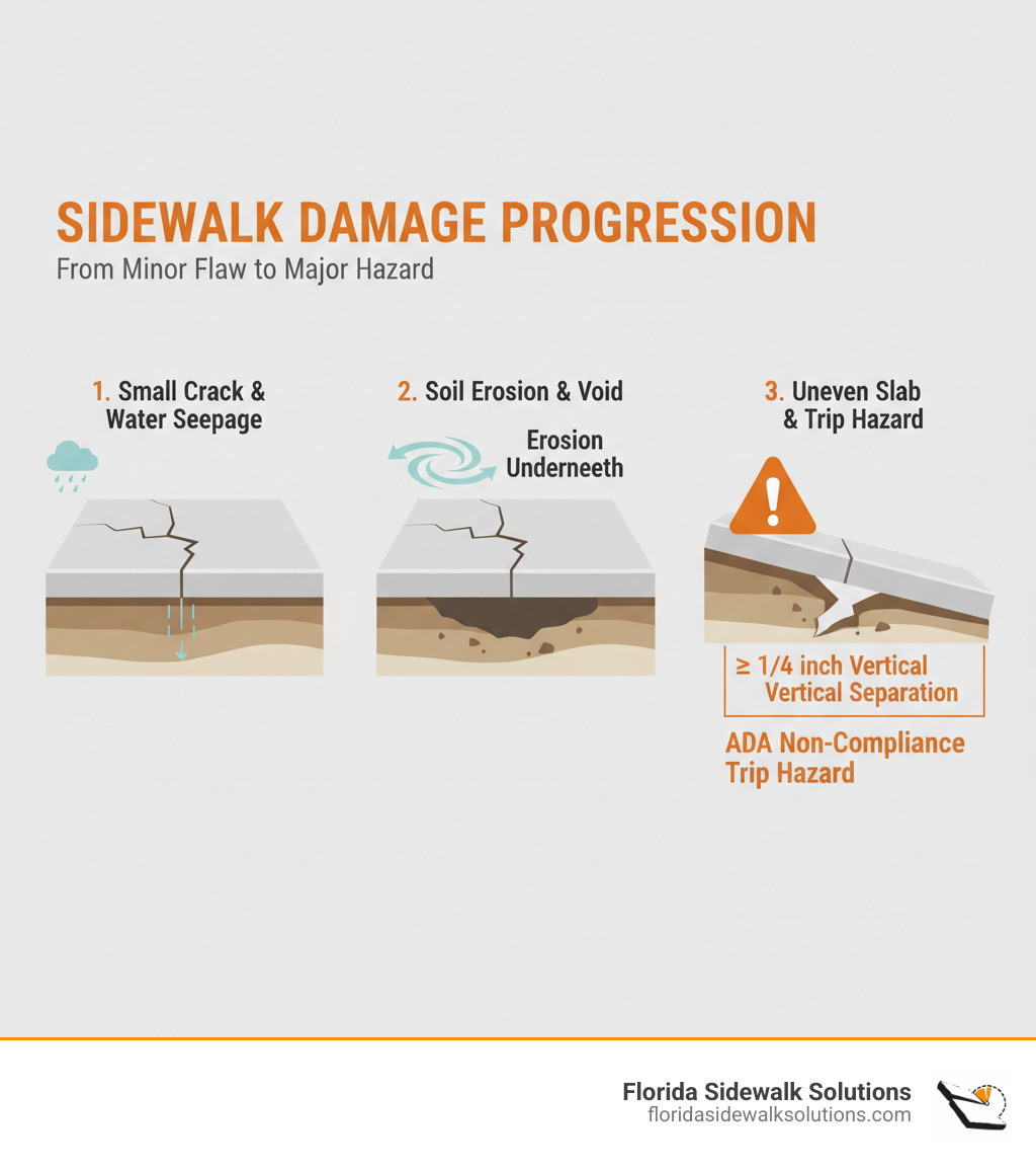 infographic showing the progression of sidewalk damage from a small crack to soil erosion underneath to an uneven slab creating a trip hazard with measurements indicating ADA non-compliance at 1/4 inch vertical separation - cracked sidewalk repair infographic 
