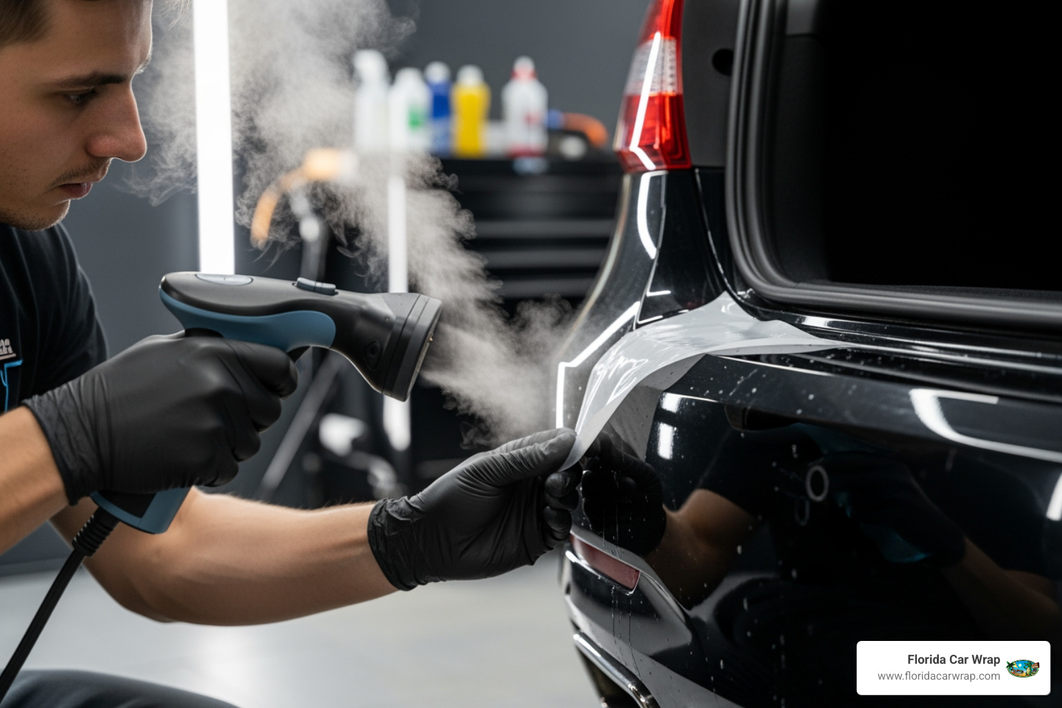 person carefully using a steamer on a car's bumper to remove PPF - how to remove paint protection film