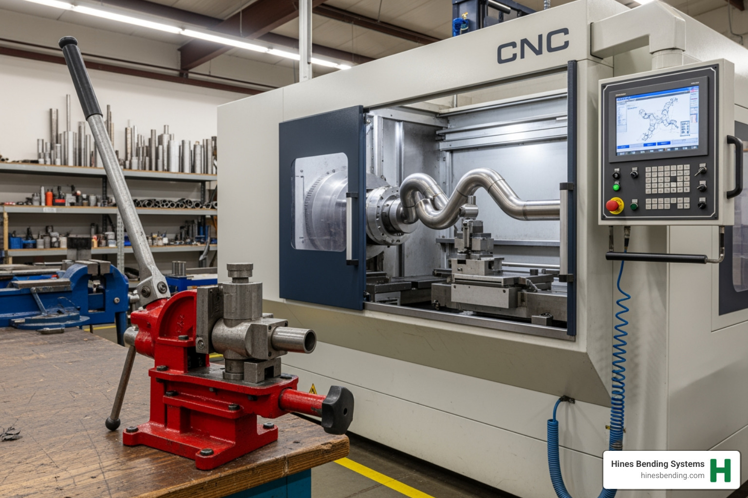 A manual hand bender next to a large CNC bending machine - pipe bending tools