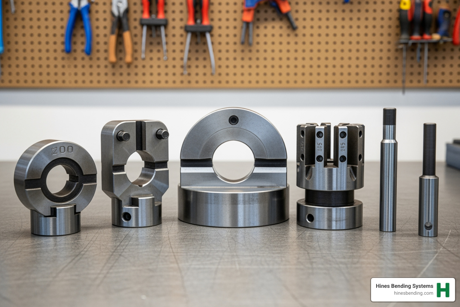 A complete set of rotary draw tooling, including a bend die, clamp die, pressure die, mandrel, and wiper die - pipe bending tools