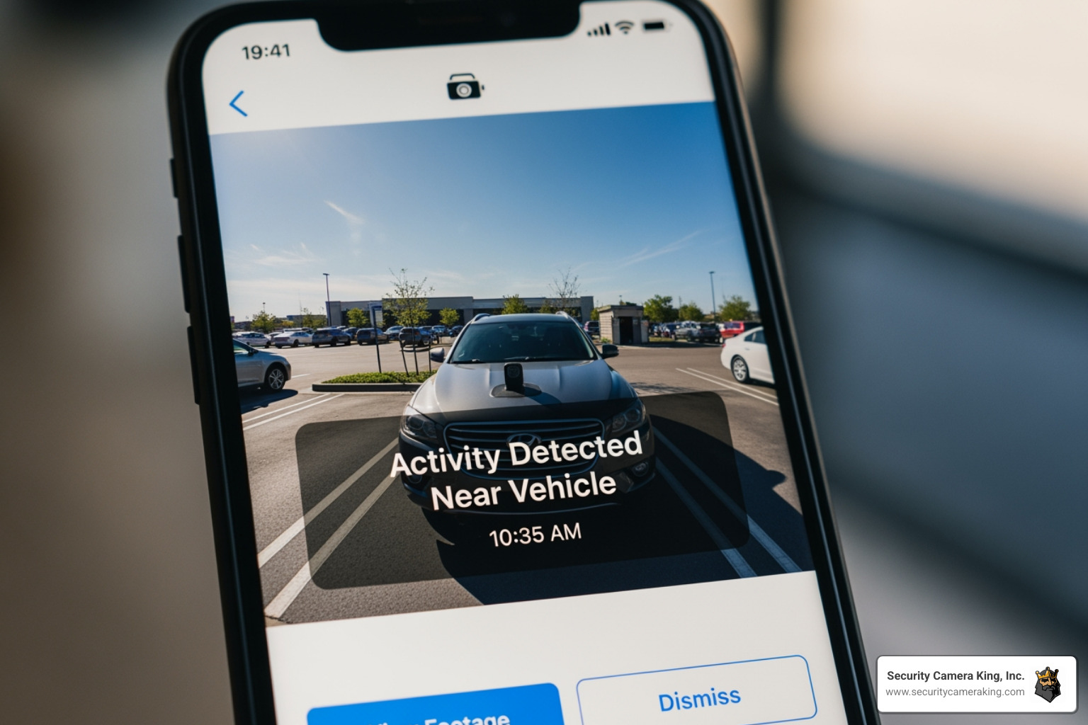 Smartphone screen displaying a notification from a car camera app showing detected activity around the parked vehicle. - car camera for theft