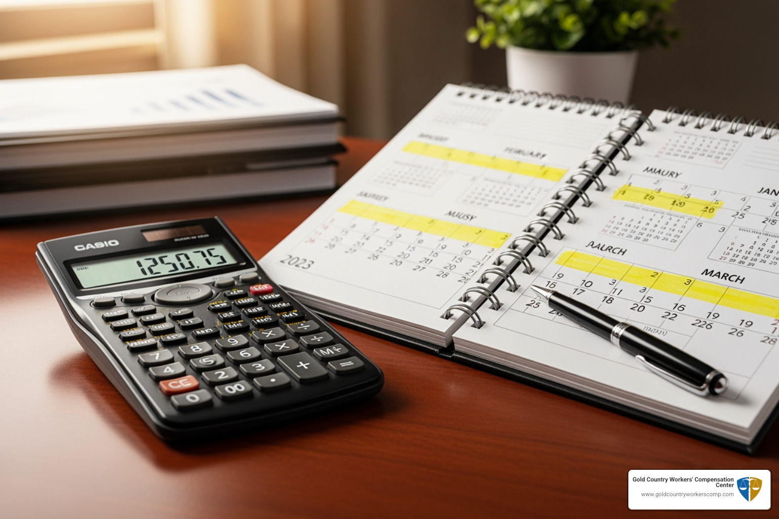 Calculator next to a calendar highlighting past months, symbolizing back pay calculation - social security disability california attorney fees