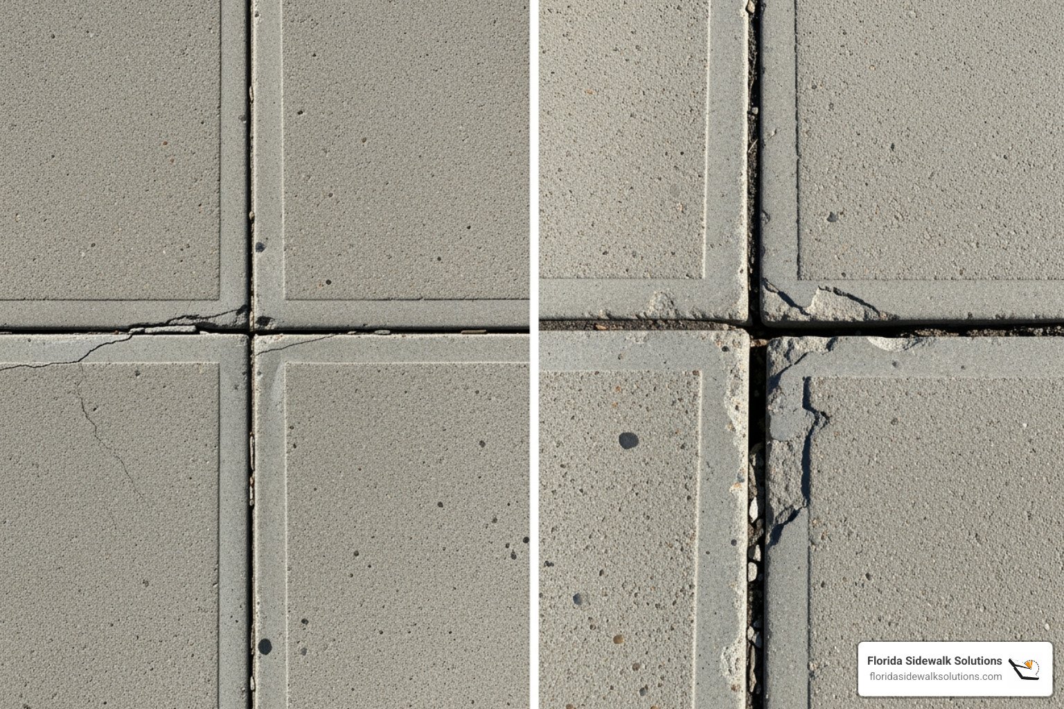 comparing a minor hairline crack to a displaced sidewalk slab - cracked sidewalk repair