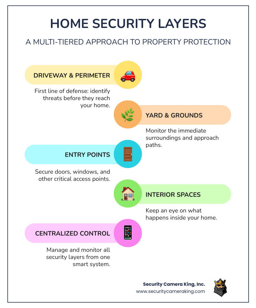 infographic showing home security layers with driveway cameras as outer perimeter, followed by yard cameras, entry point cameras, and indoor cameras - best home security system driveway alert camera infographic infographic-line-5-steps-colors