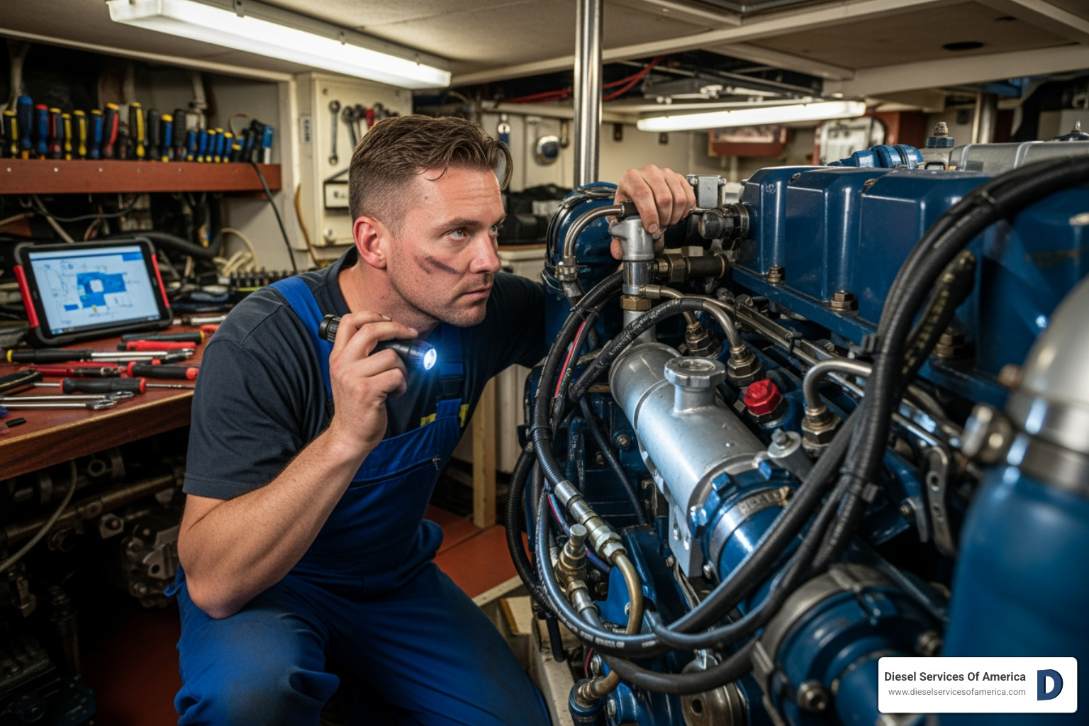technician inspecting marine diesel engine - diesel tune ups