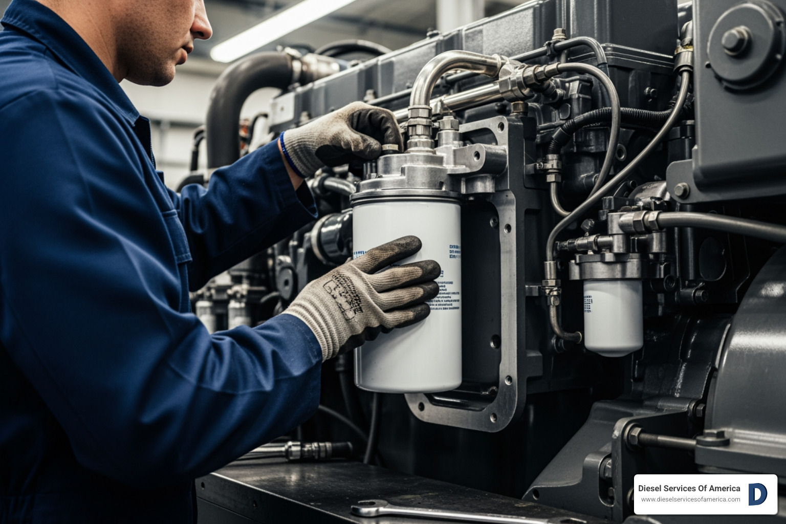 technician replacing large fuel filter on industrial engine - diesel tune ups