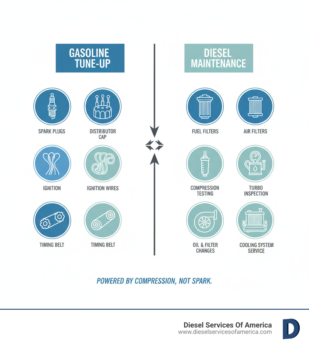 Infographic comparing gasoline tune-up components (spark plugs, distributor cap, ignition wires, timing belt) versus diesel maintenance components (fuel filters, air filters, fuel injectors, compression testing, oil and oil filter changes, turbocharger inspection, cooling system service) - diesel tune ups infographic 