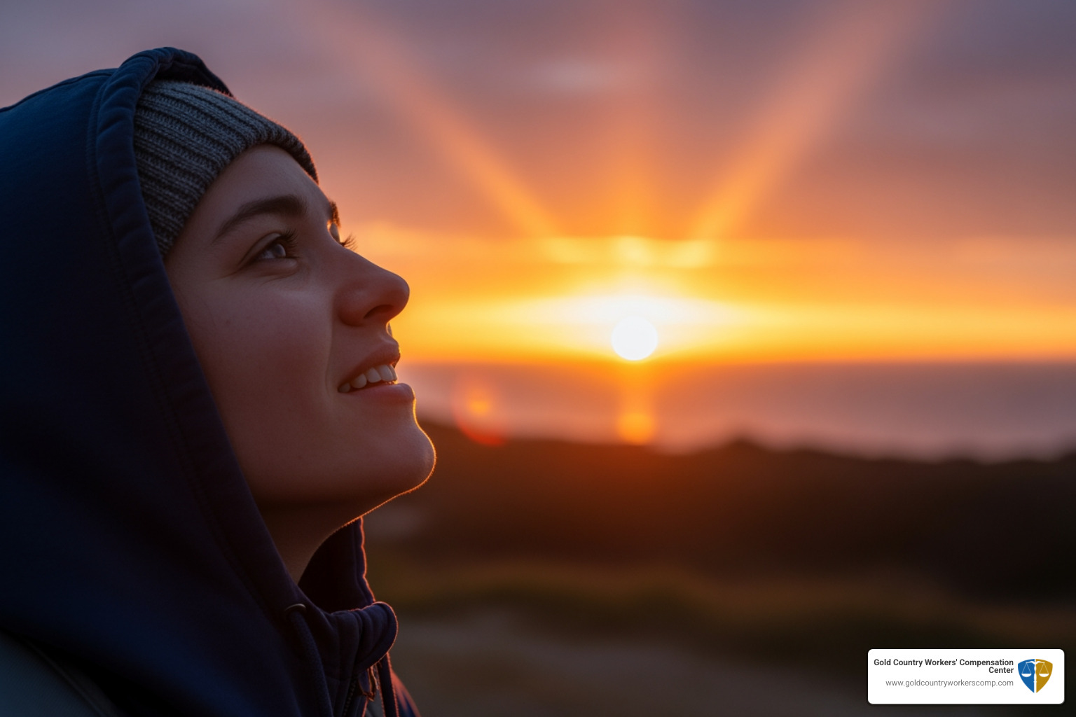 A person looking relieved and hopeful, with a sunrise in the background, symbolizing a new beginning. - social security lawyers near me