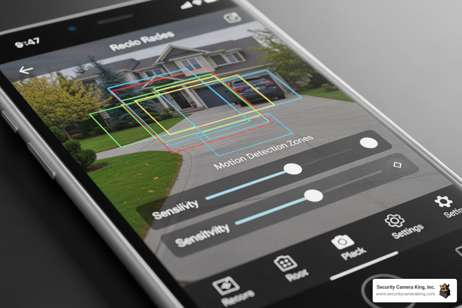 smartphone app interface showing driveway camera settings for motion zones and alert sensitivity - best home security system driveway alert camera