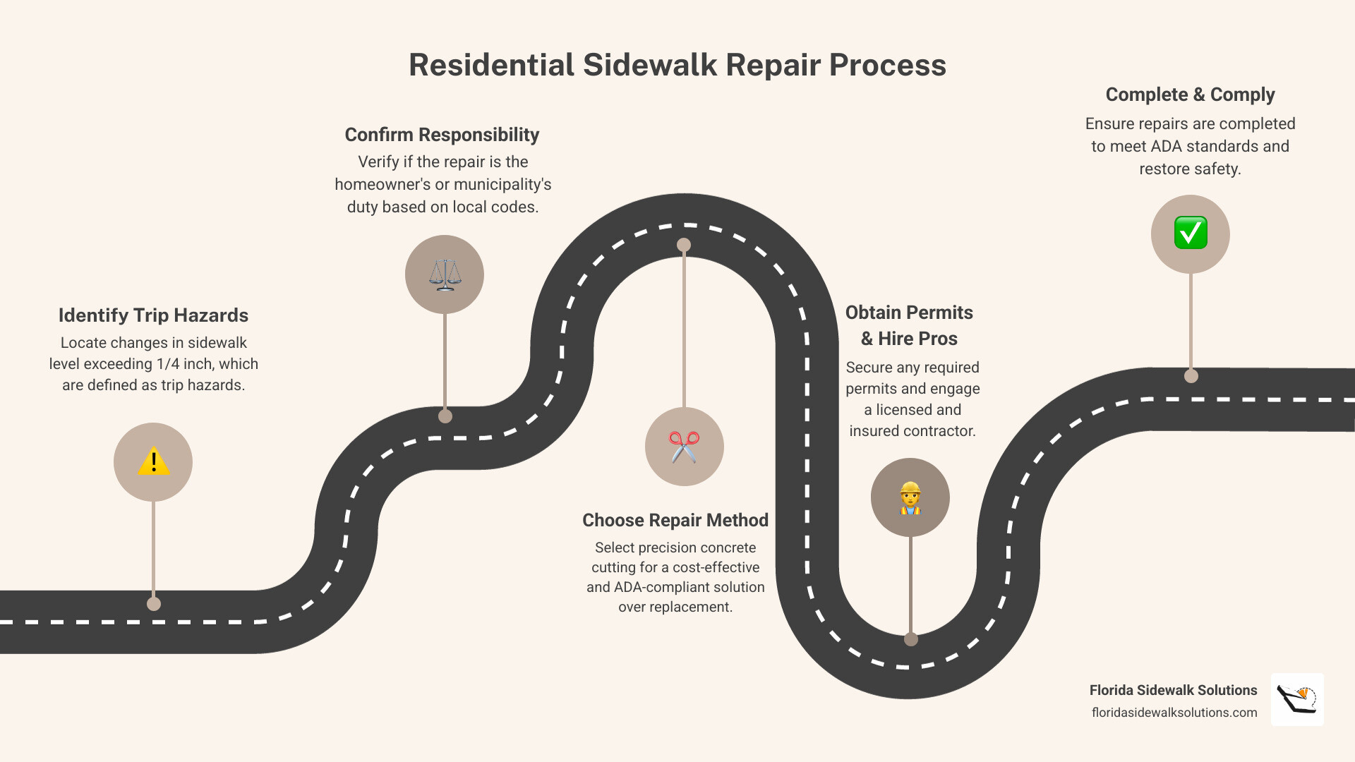 Infographic showing the residential sidewalk repair process: 1) Identify trip hazards over 1/4 inch, 2) Confirm property owner responsibility with local municipality, 3) Choose repair method - precision cutting saves up to 70% vs replacement, 4) Obtain required permits for major repairs, 5) Hire licensed contractor or use city services, 6) Complete repairs to ensure ADA compliance - residential sidewalk repair infographic roadmap-5-steps