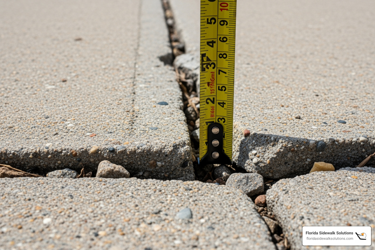 Image of a measuring tape showing a sidewalk crack that is over 1/4 inch high, illustrating a trip hazard - residential sidewalk repair