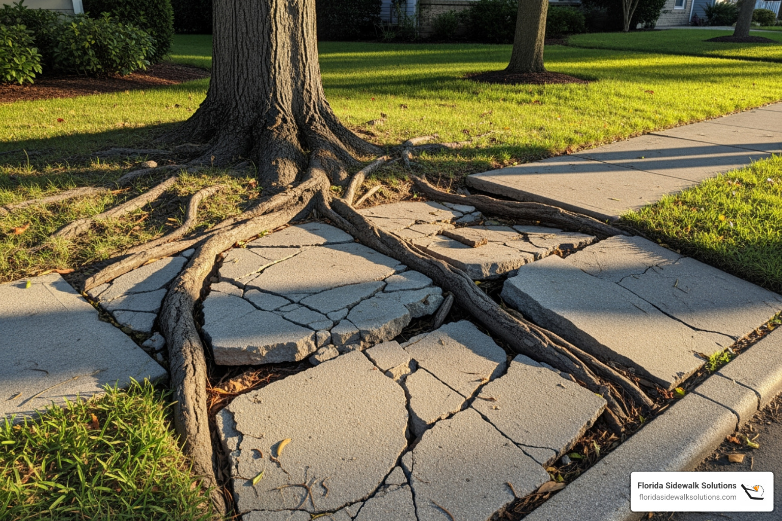 Image of a residential sidewalk with tree roots visibly pushing up the concrete - residential sidewalk repair
