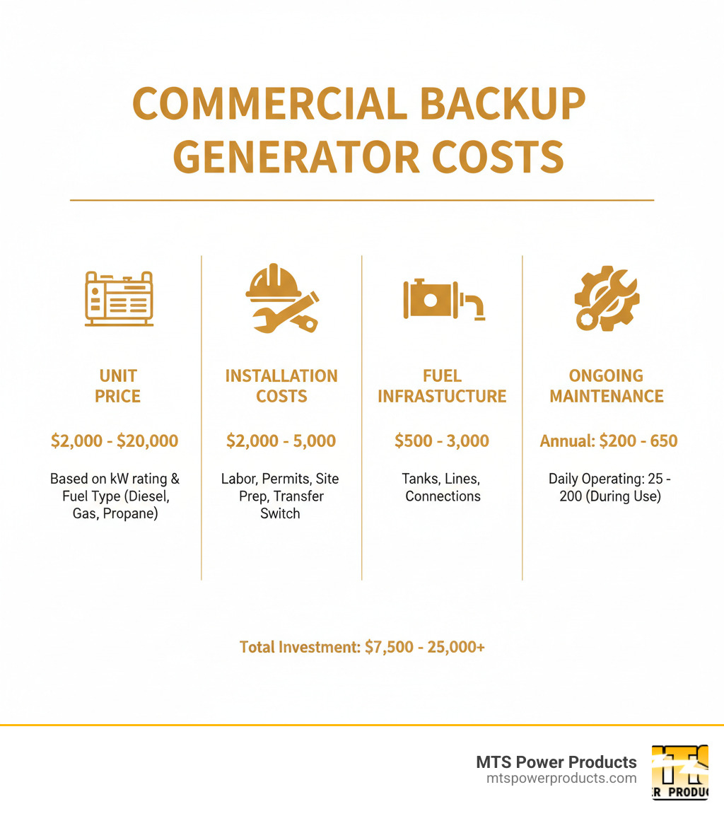 Infographic showing the complete breakdown of commercial backup generator costs including four main categories: Unit Price ranging from $2,000-$20,000 based on kW rating and fuel type, Installation Costs of $2,000-$5,000 covering labor permits site prep and transfer switch, Fuel Infrastructure of $500-$3,000 for tanks lines and connections, and Ongoing Maintenance of $200-$650 annually plus daily operating costs of $25-$200 during use - backup generator cost infographic 