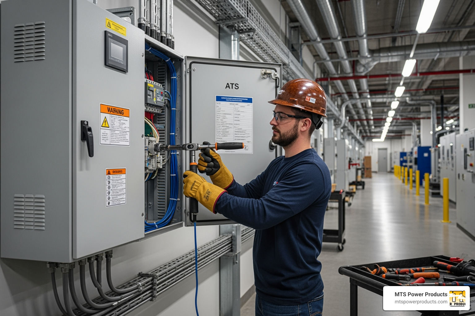 electrician installing a large Automatic Transfer Switch (ATS) - backup generator cost