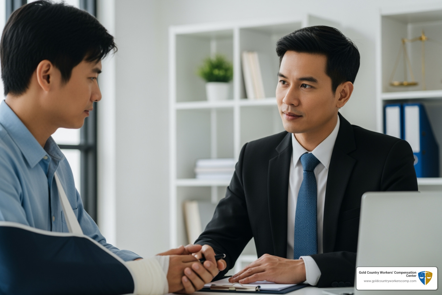 a lawyer compassionately consulting with an injured client - Workers comp lawyer California a lawyer compassionately consulting with an injured client - Workers comp lawyer California