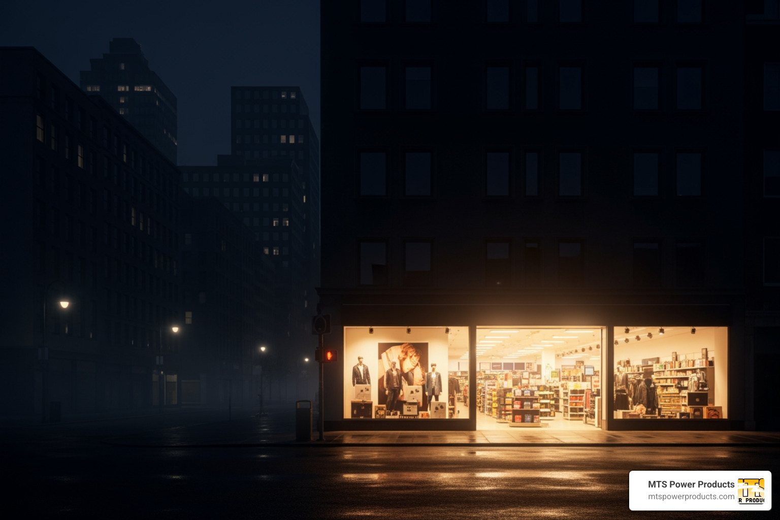 retail store with lights on during a city-wide blackout - backup generator cost