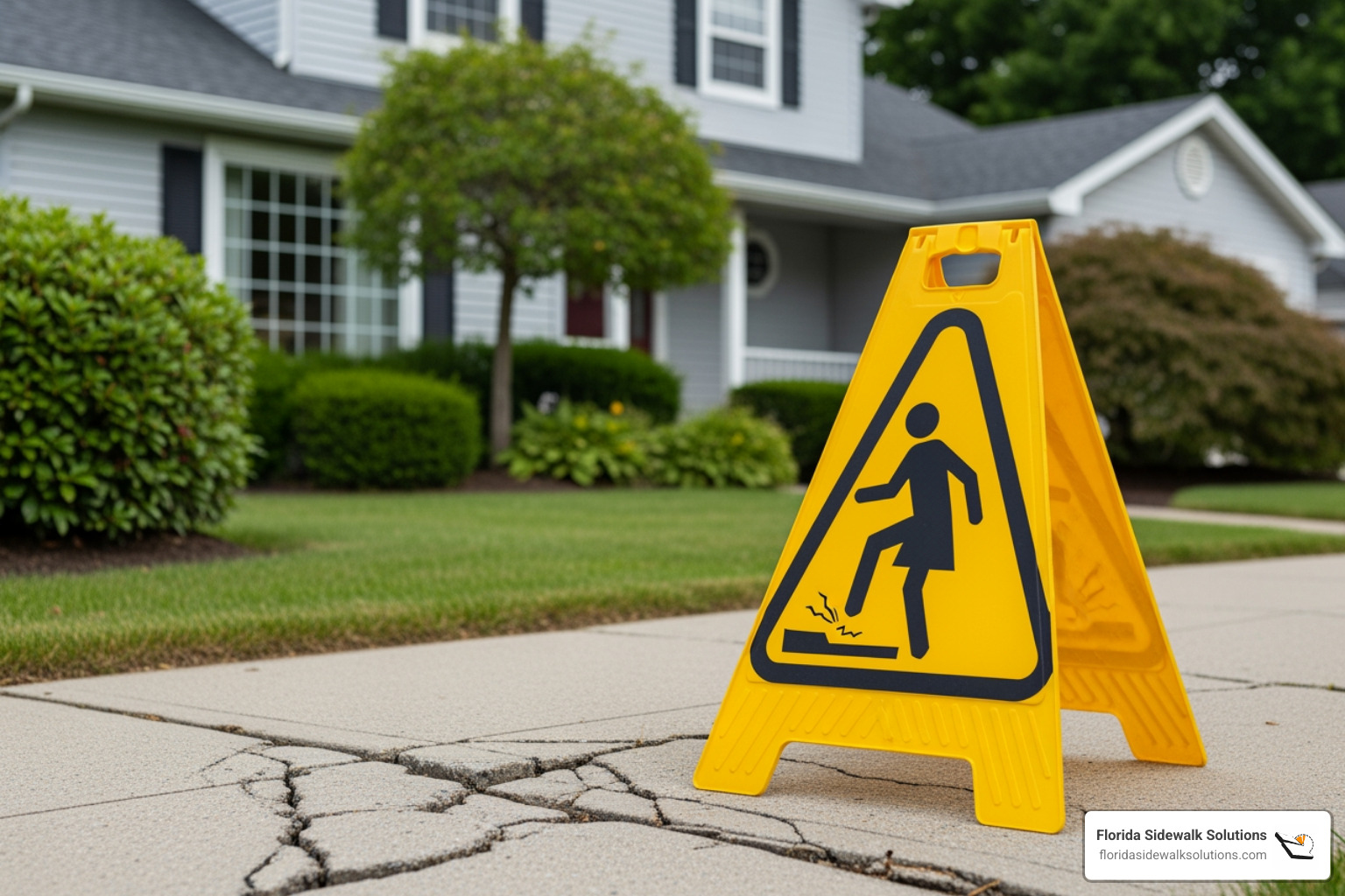 Image of a "Caution: Uneven Pavement" sign on a residential sidewalk - residential sidewalk repair