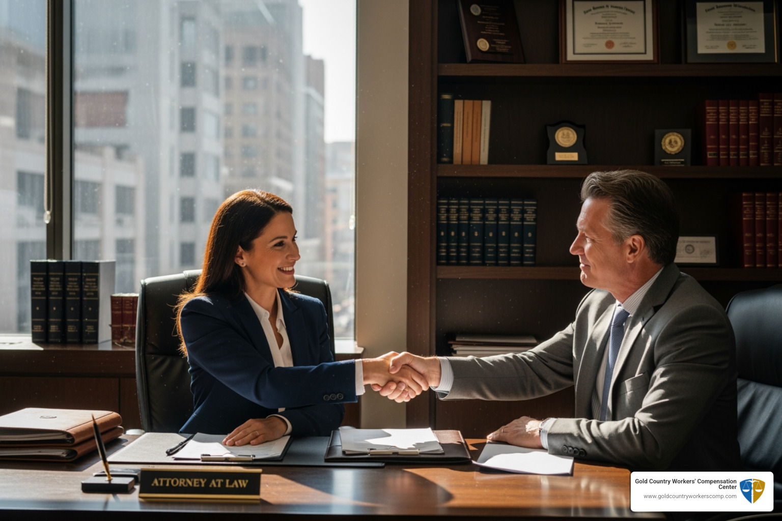 Attorney and client meeting and shaking hands in an office setting, symbolizing collaboration and trust. - social security disability attorney roseville ca Attorney and client meeting and shaking hands in an office setting, symbolizing collaboration and trust. - social security disability attorney roseville ca