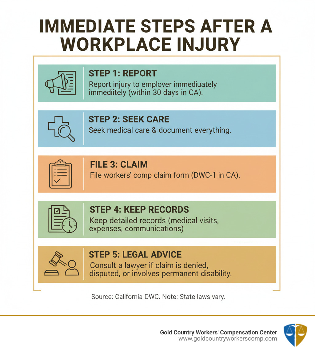Infographic showing the immediate steps after a workplace injury: Step 1 - Report your injury to your employer immediately (within 30 days in California). Step 2 - Seek medical care and document everything. Step 3 - File a workers' compensation claim form (DWC-1 in California). Step 4 - Keep detailed records of all medical visits, expenses, and communications. Step 5 - Consider consulting a workers comp lawyer if your claim is denied, disputed, or involves permanent disability. - workers comp lawyers infographic 