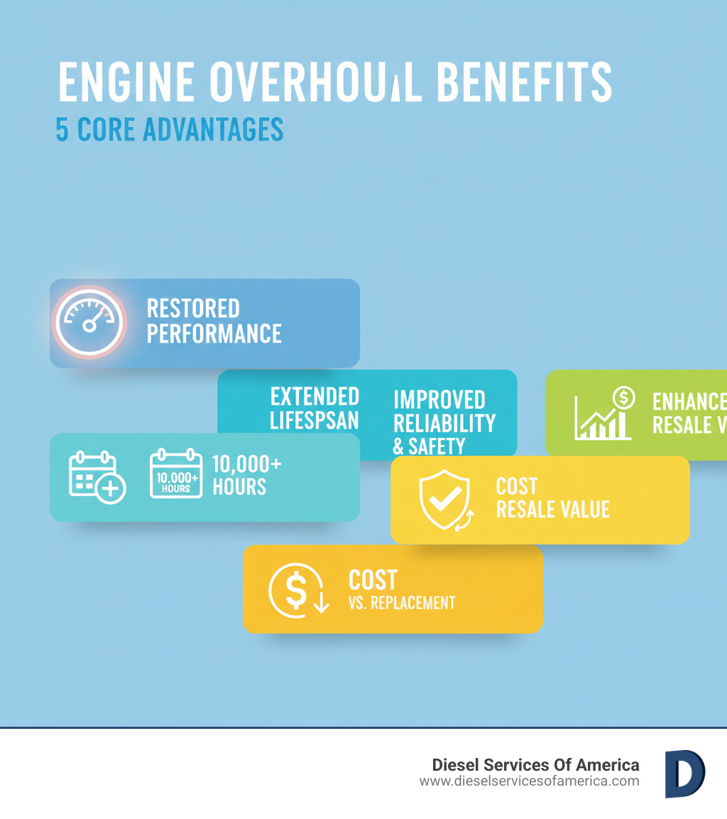 infographic showing the five core engine overhaul benefits with icons: a gauge showing restored performance, a calendar indicating extended lifespan measured in operational hours, a checkmark representing improved reliability and safety, a dollar sign with downward arrow showing cost savings versus replacement, and an upward trending graph representing enhanced resale value - engine overhaul benefits infographic infographic showing the five core engine overhaul benefits with icons: a gauge showing restored performance, a calendar indicating extended lifespan measured in operational hours, a checkmark representing improved reliability and safety, a dollar sign with downward arrow showing cost savings versus replacement, and an upward trending graph representing enhanced resale value - engine overhaul benefits infographic