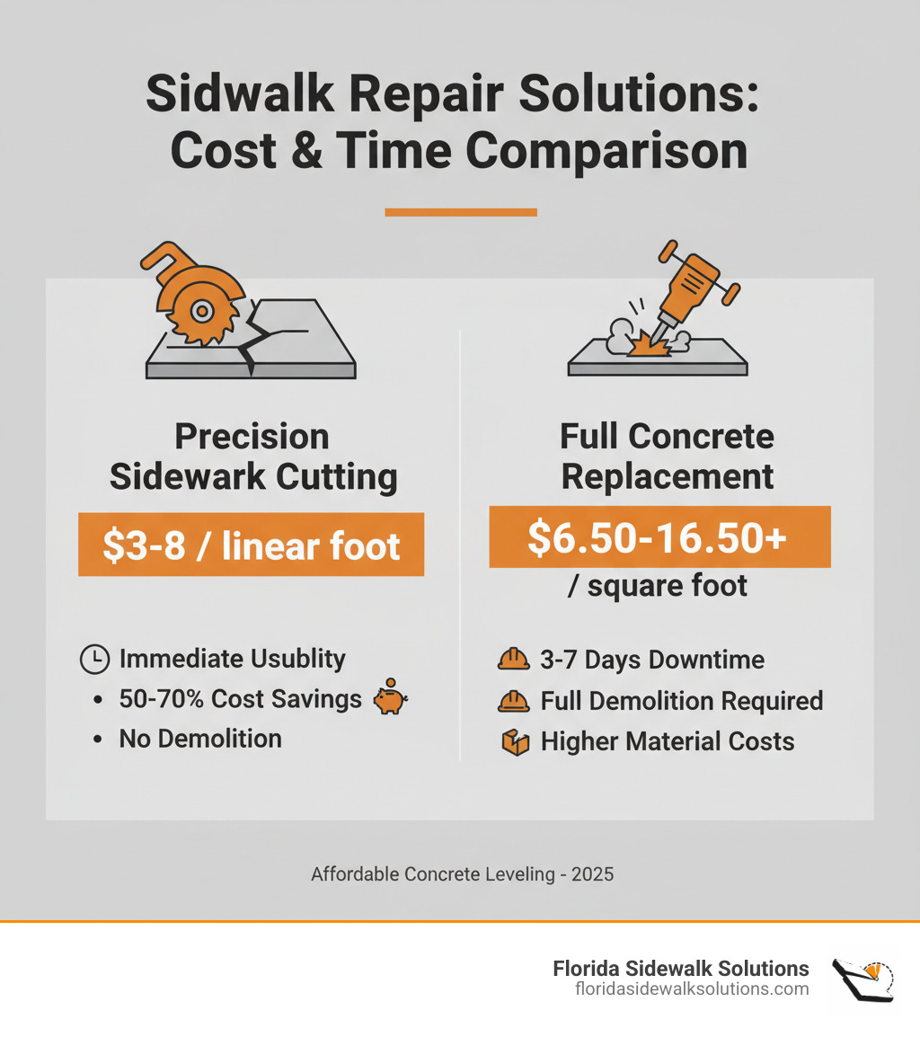 Infographic comparing precision sidewalk cutting versus full concrete replacement, showing precision cutting costs $3-8 per linear foot with immediate usability and 50-70% cost savings, while replacement costs $6.50-16.50+ per square foot with 3-7 days downtime and full demolition required - Affordable concrete leveling infographic Infographic comparing precision sidewalk cutting versus full concrete replacement, showing precision cutting costs $3-8 per linear foot with immediate usability and 50-70% cost savings, while replacement costs $6.50-16.50+ per square foot with 3-7 days downtime and full demolition required - Affordable concrete leveling infographic