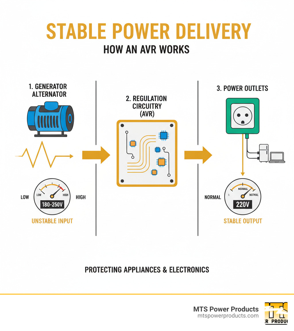 infographic showing how an AVR stabilizes fluctuating voltage from the generator alternator through regulation circuitry to deliver consistent voltage to power outlets, with voltage meter displays showing unstable input versus stable output - generator avr replacement infographic infographic showing how an AVR stabilizes fluctuating voltage from the generator alternator through regulation circuitry to deliver consistent voltage to power outlets, with voltage meter displays showing unstable input versus stable output - generator avr replacement infographic