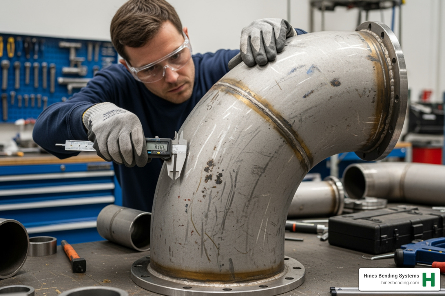 A technician carefully inspecting a pipe bend with calipers, ensuring precision - Pipe bending solutions A technician carefully inspecting a pipe bend with calipers, ensuring precision - Pipe bending solutions
